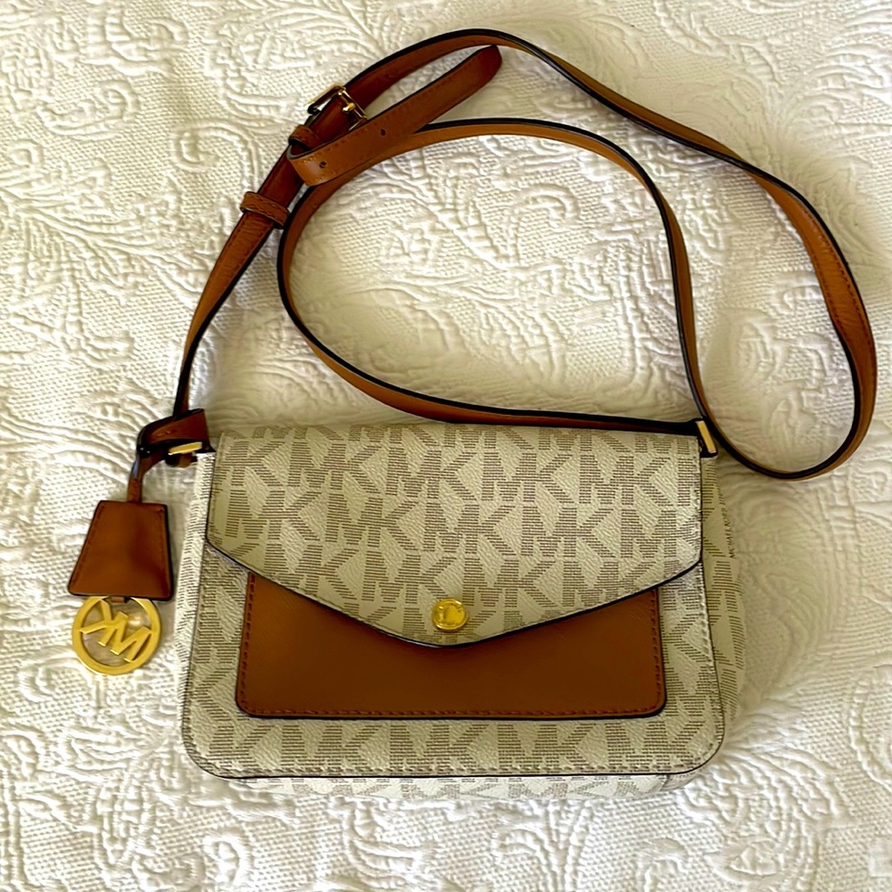 MICHAEL KORS Leather MK Monogram on canvas Crossbody Shoulder bag